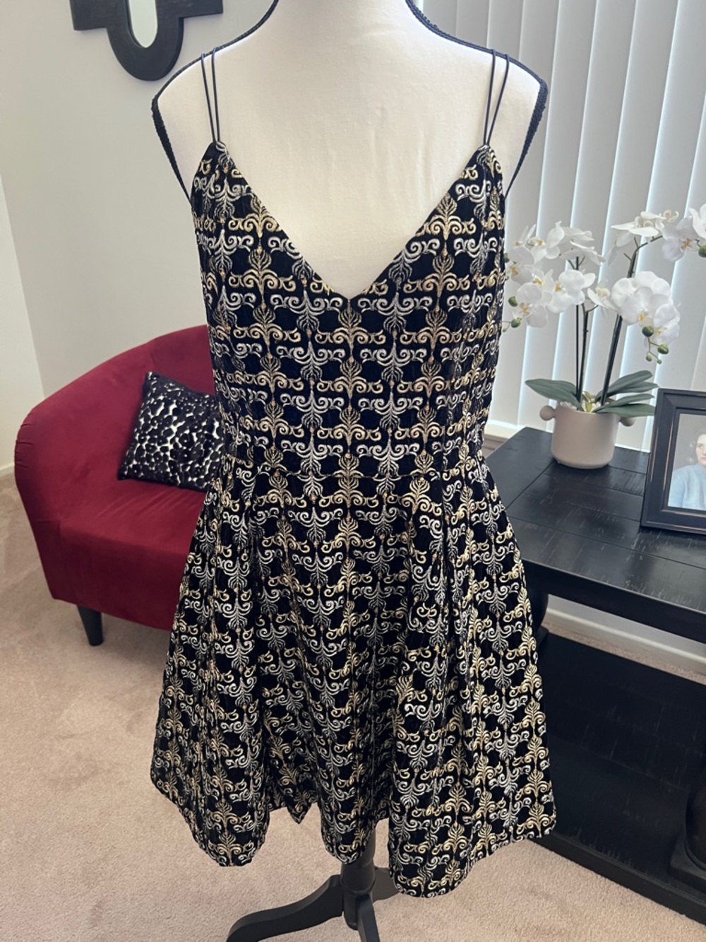 Alice + Olivia Black Marilla Embroidered Mini Dress Black, Silver & Gold